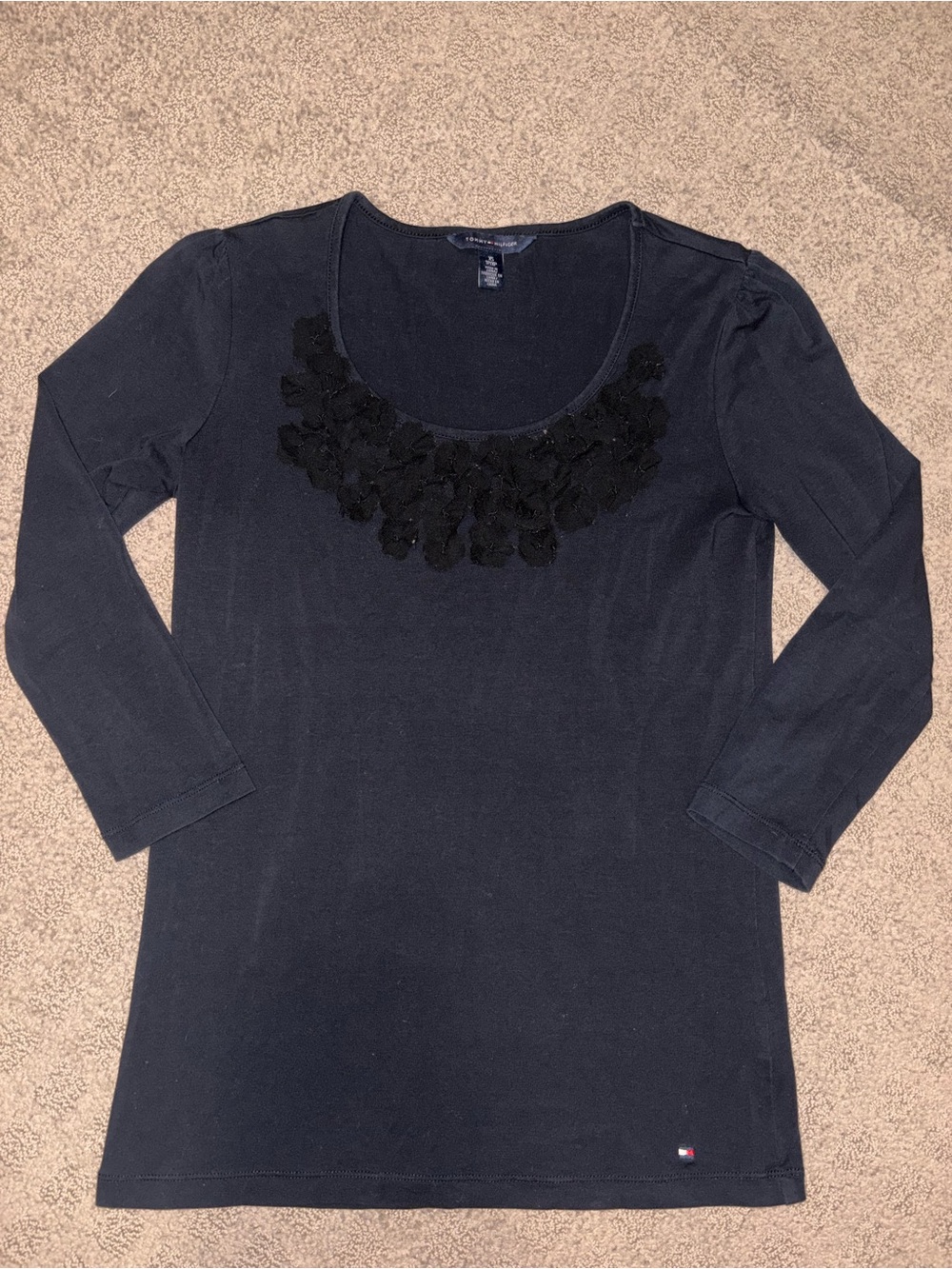 Tommy Hilfiger Black Long Sleeve Scoop Neck Top with Floral Neckline, Women’s XS